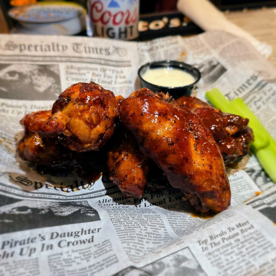 Glazed chicken wings with celery and dipping sauce served on newspaper-style paper at a wooden restaurant table.