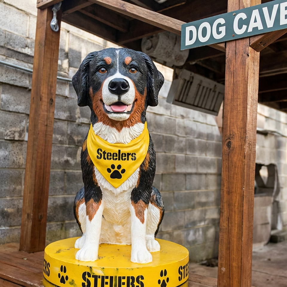 Dog statue wearing a yellow Steelers bandana sits beneath a wooden Dog Cave sign in an outdoor brick-walled area.