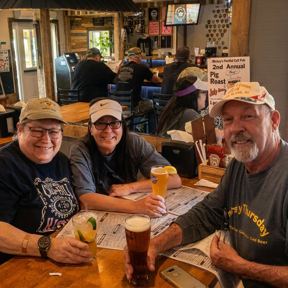 Three people pose with drinks at a wooden restaurant table, surrounded by rustic decor and a pig roast event sign.