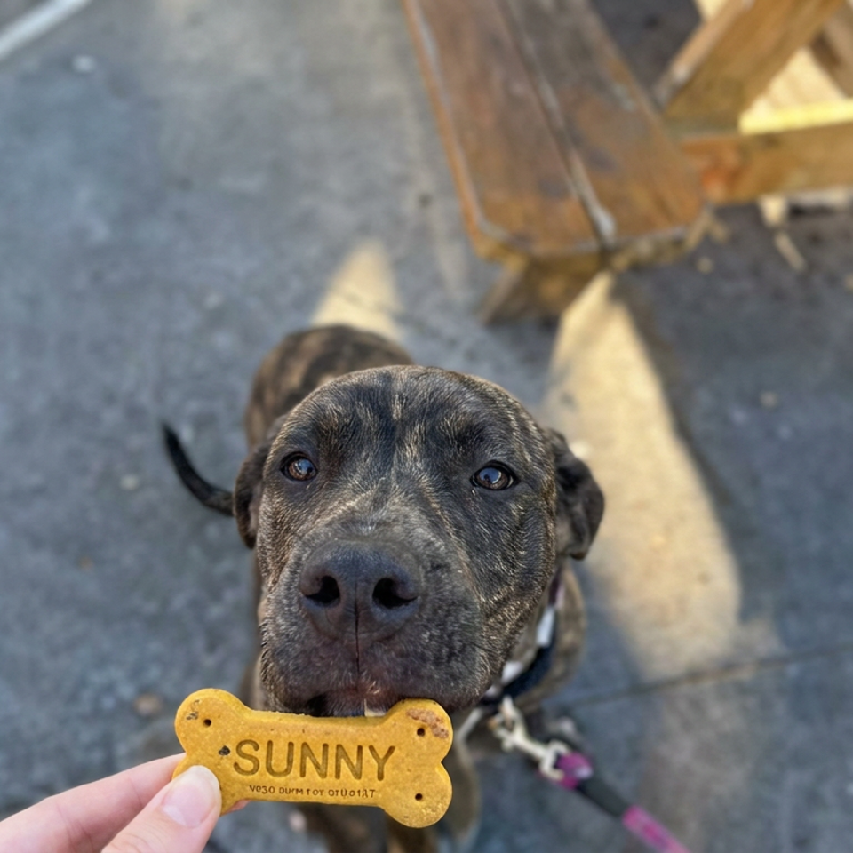 Brindle dog named Sunny holds a bone-shaped treat in its mouth outdoors beside wooden picnic tables.
