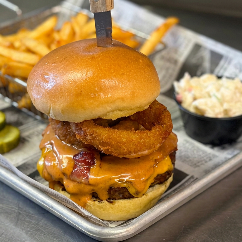 Cheeseburger topped with a crispy onion ring, served with fries, pickles, and coleslaw on a newspaper-lined tray.