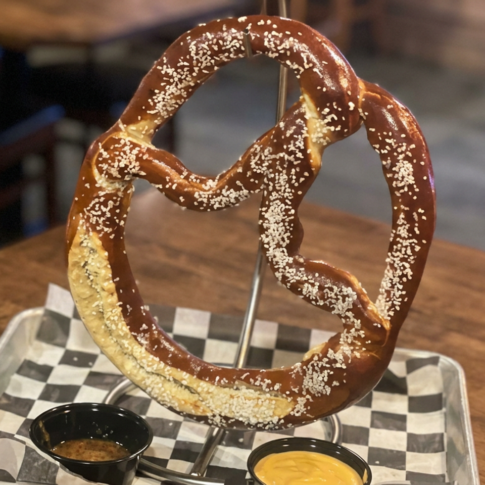 Large salted soft pretzel served on a metal stand with mustard and dipping sauce on a checkered-lined tray.