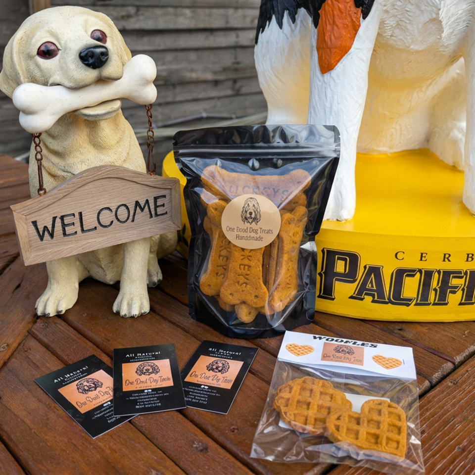 Dog-themed display featuring a welcome sign, handmade dog treats, waffle-shaped biscuits, and a Pacifico beer bucket on a wooden table.