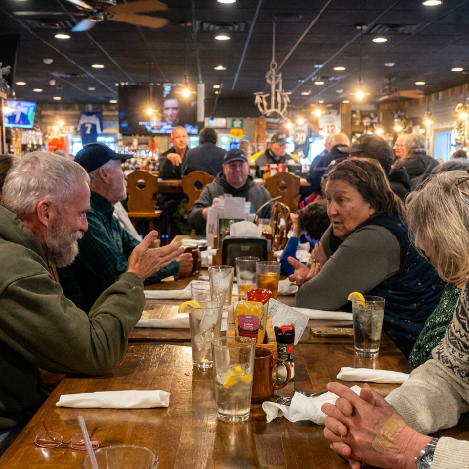 Busy restaurant dining room with groups of older adults gathered around a long wooden table beneath warm pendant lights.