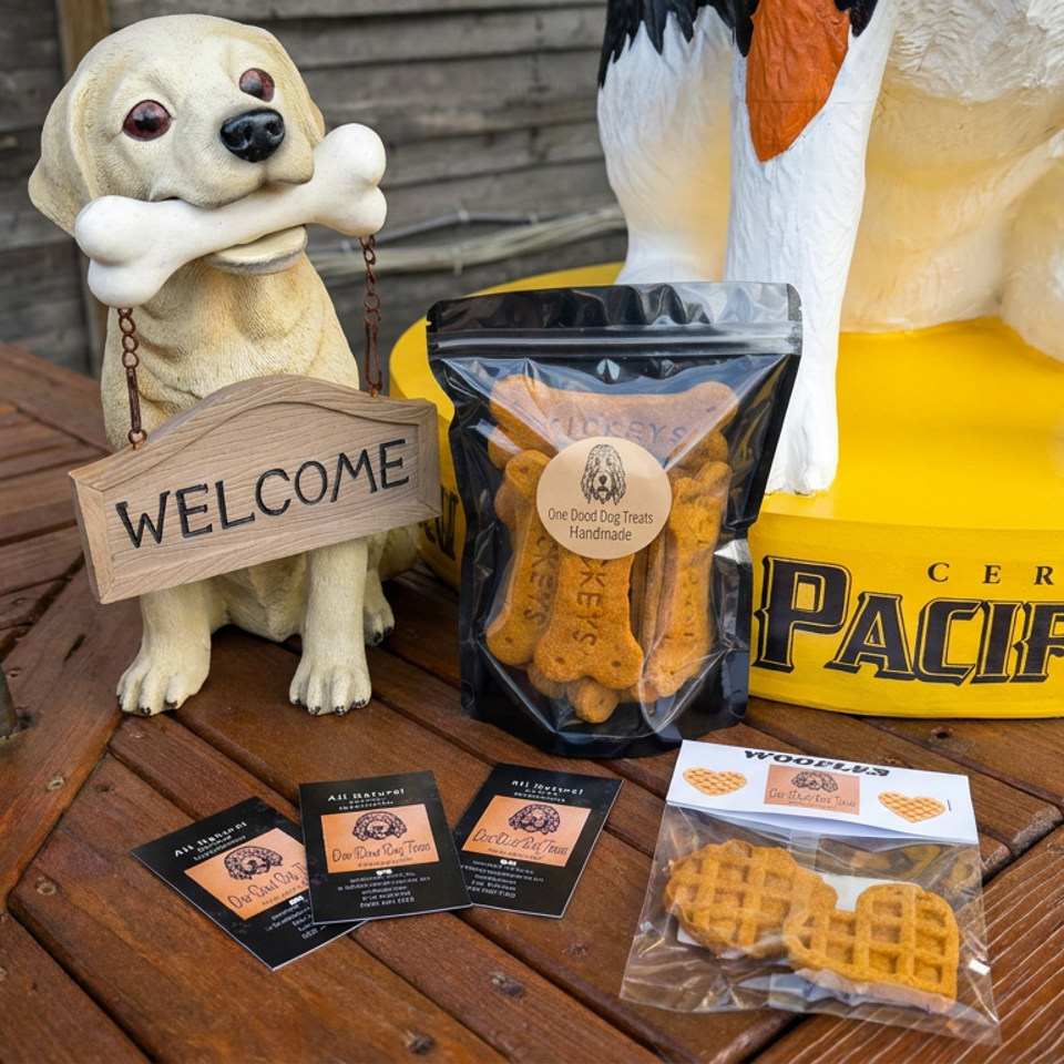 Dog-themed display with a welcome sign, handmade dog treats, business cards, and a yellow Pacificat collar on a wooden table.